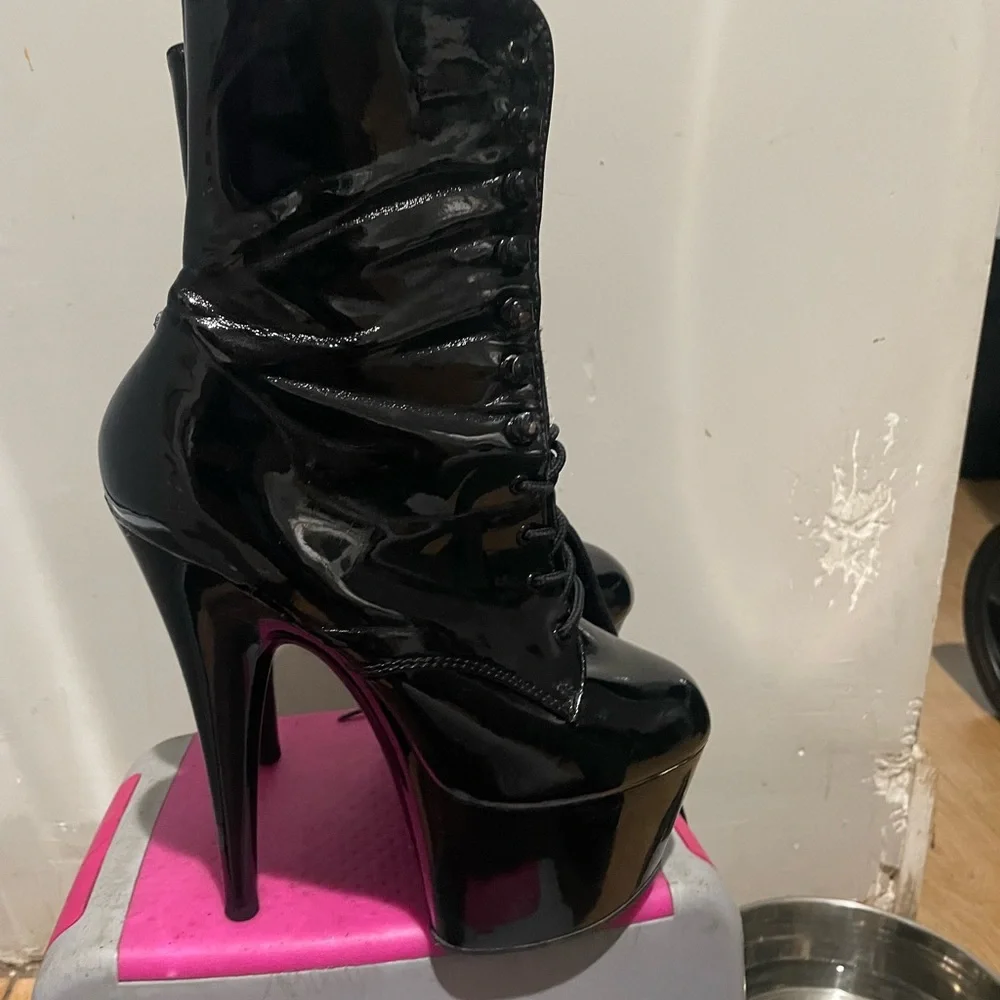Pleaser Black Patent Platform Lace-Up Stiletto Boots